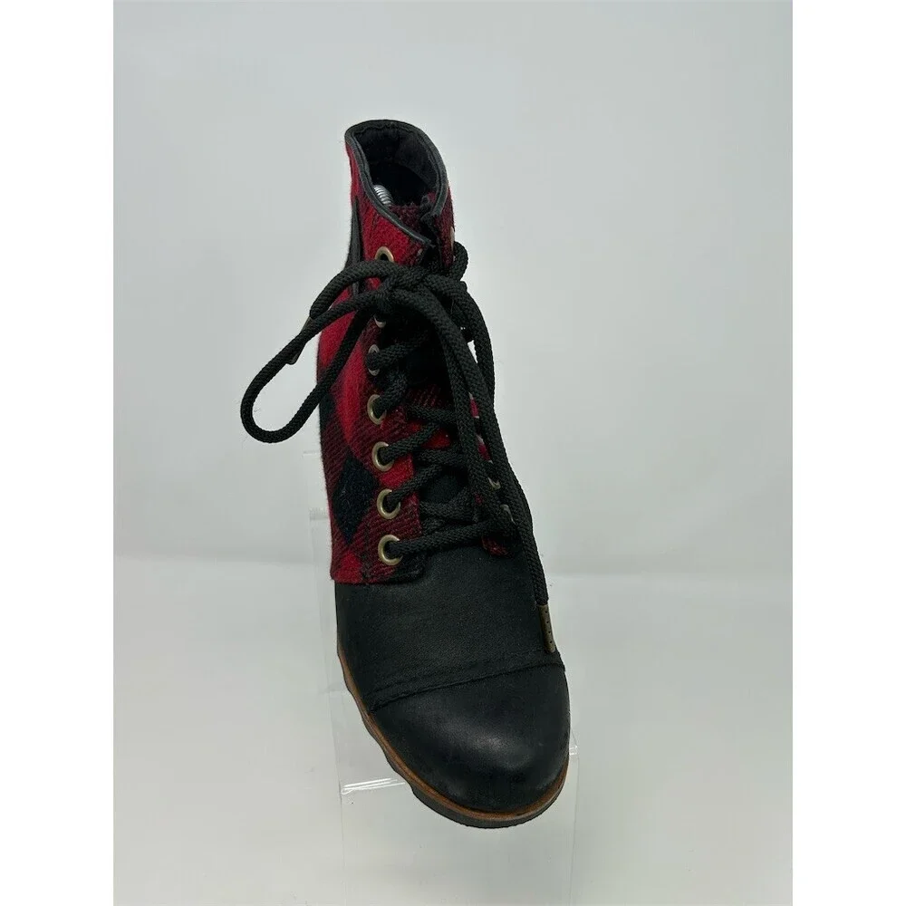 Sorel PDX Wedge Ankle Booties Womens Red Black Plaid Lace Up Lug Sole Size 8.5